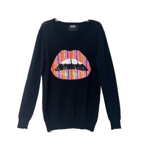Markus Lupfer Sweater 100% Merino Wool XS Pink Lips Sequin Long Sleeve Pullover